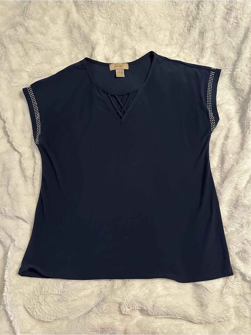 Women's Navy Short-Sleeve Tee with Lattice V-Neck and Studded Sleeve Trim